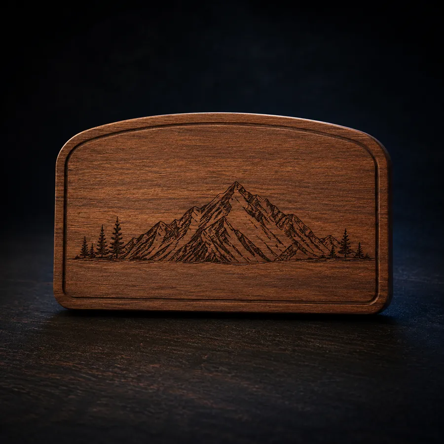Walnut sign laser-engraved with the mountain line art